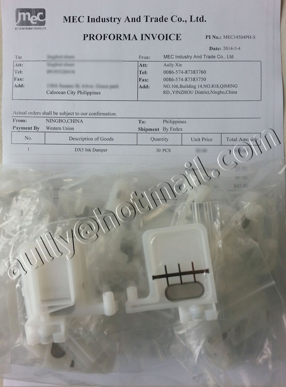 Order MEC14504PH-S (DX5 ink damper) to Philippines